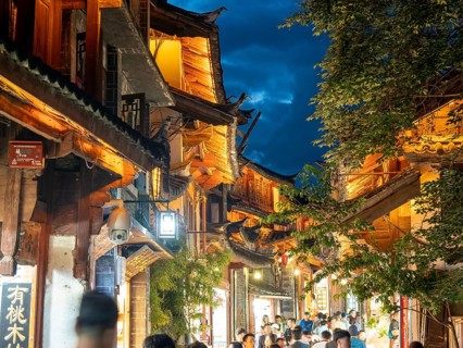 Old illuminated Chinese wooden houses