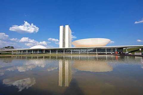 Palácio do Congresso Nacional or National Congress Palace reflected in the water