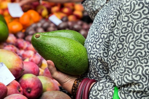 Woman holding two large avocado
