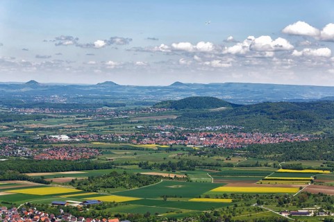View of the foothills of the Swabian Alb with the Three Imperial Mountains Hohenstaufen