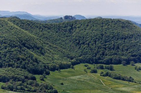 View of the forest Albtrauf Swabian Alb with Hohenneuffen Castle