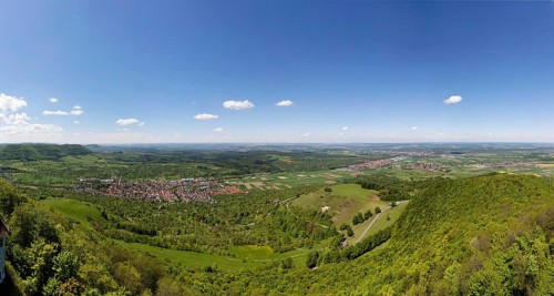 View from Teck Castle into the Lenningen valley with the municipality of Owen