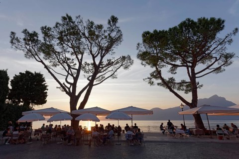 Restaurant terrace under pine trees on the lake shore at sunset