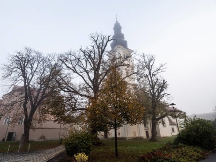 Maria Hilf Church of Our Lady in the morning mist