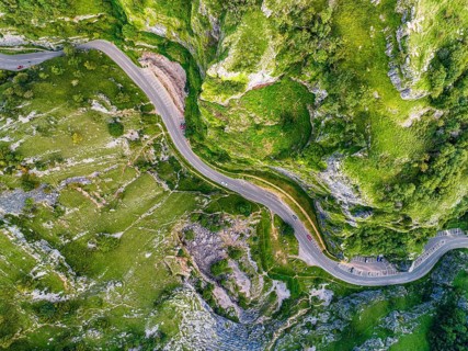 Top Down over Cliff Road and valey in Cheddar Gorge and Caves
