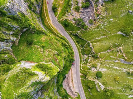 Top Down over Cliff Road and valey in Cheddar Gorge and Caves