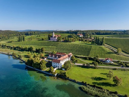 Aerial view of Maurach Castle on Lake Constance