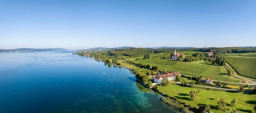 Aerial panorama of Maurach Castle on Lake Constance