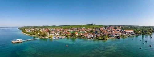 Aerial panorama of the Lake Constance municipality of Hagnau with the jetty