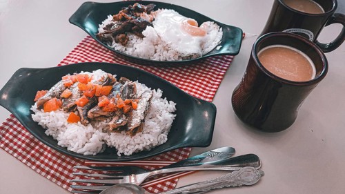 Sardine silog and tapsilog with coffee
