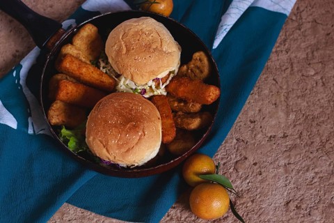 Overhead view of homemade chicken burger