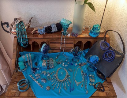 Rhinestone jewellery decorated on an antique secretary