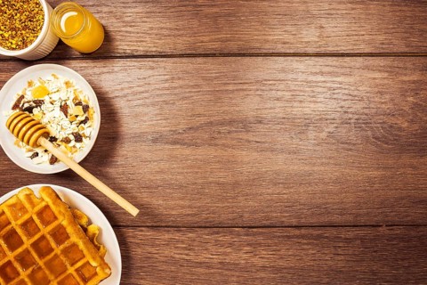 Arrangement healthy breakfast wooden desk