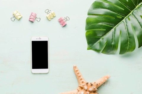 Beach holiday composition with phone light background