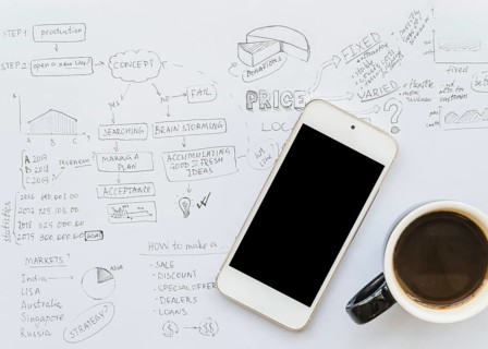 Business plan paper with coffee cup smartphone