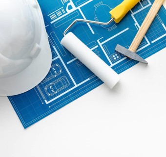 Close up blue print construction white hat