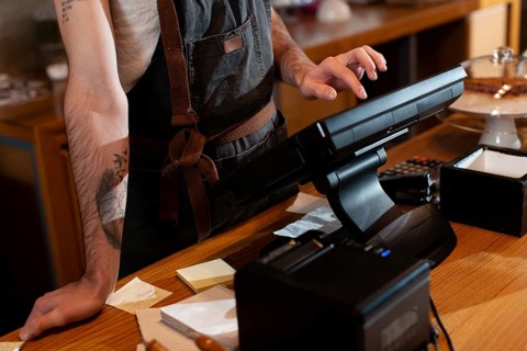Close up man working cash register