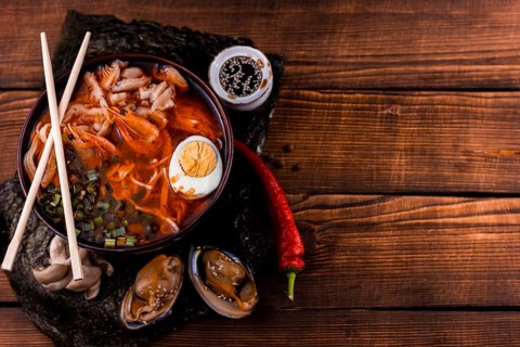Delicious japanese ramen with copy space