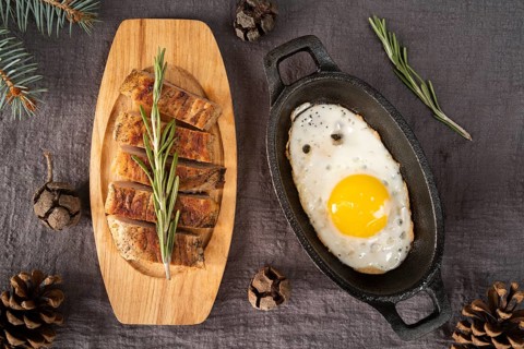 Flat lay arrangement with meat egg