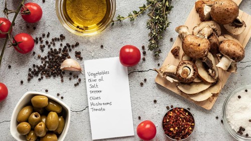 Flat lay food ingredients with mushrooms veggies