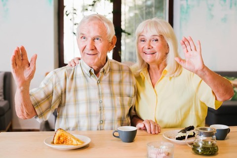 Friendly elderly couple waving with hands