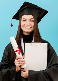 Girl holding clipboard diploma