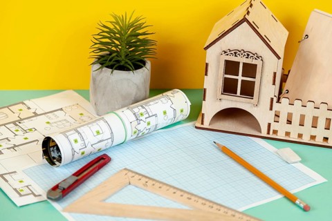High angle architectural objects desk