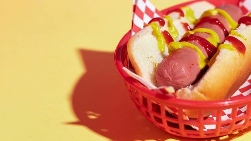 High angle arrangement with tasty hot dog basket