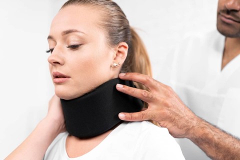 Male physiotherapist putting neck brace woman