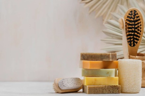 Natural wooden brushes soaps copy space background