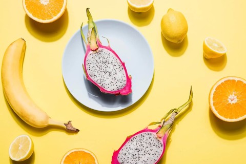 Top view collection organic fruits table