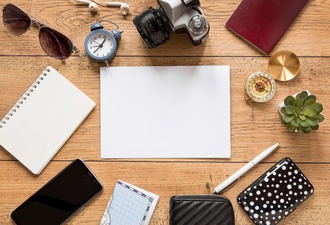 View traveling items wooden background