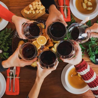 Christmas dinner with top view wine glasses