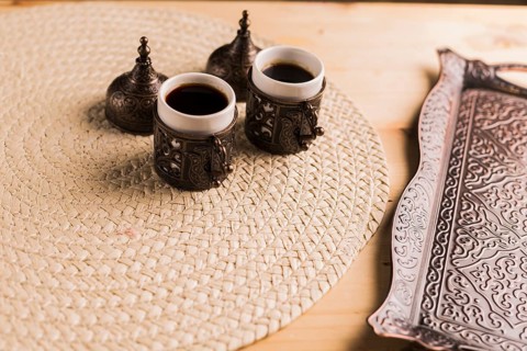 Coffee set from tray two cups coffee