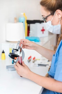 Female veterinarian examining blood sample clinic
