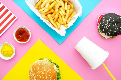 Flat lay hamburgers with fries