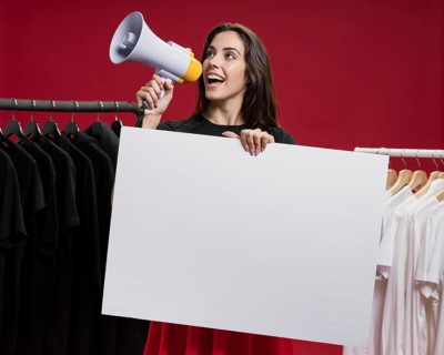 Front view smiley woman shopping shouting with megaphone