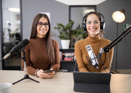 Front view women broadcasting radio