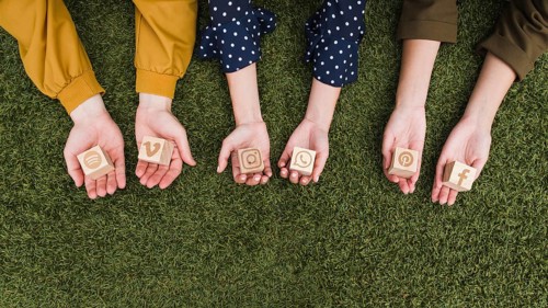 Hand s holding social media app icons wooden blocks green grass