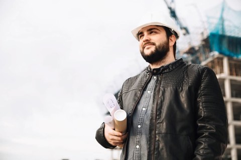 Handsome draftsman construction site