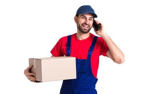 Hard worker courier man holding box talking phone