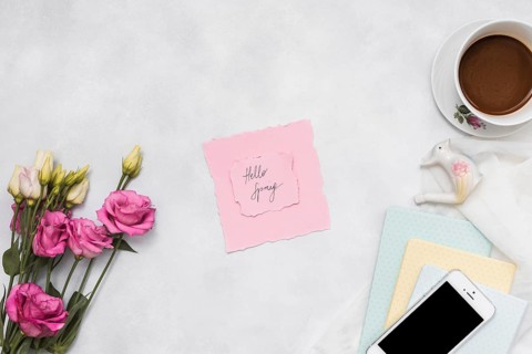 Hello spring inscription with roses coffee