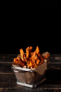 High angle sweet potato fries with copy space