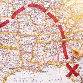 Red direction map with place marked