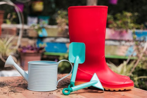 Red rubber boot blue shovel watering can table garden