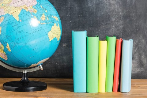 Set multicolored books globe