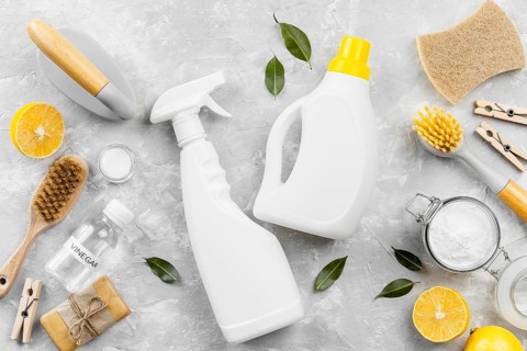 Top view eco friendly cleaning products with baking soda lemon