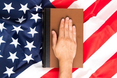 Top view hand book american flag