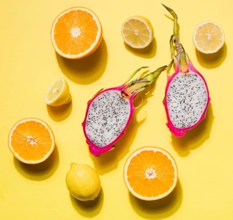 Top view organic dragon fruit with orange