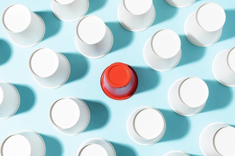 Top view red plastic cup paper cups